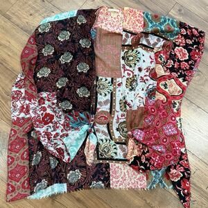 Do Everything in Love Boho Kimono Patchwork Floral Artsy Festival Raw Fringe OS